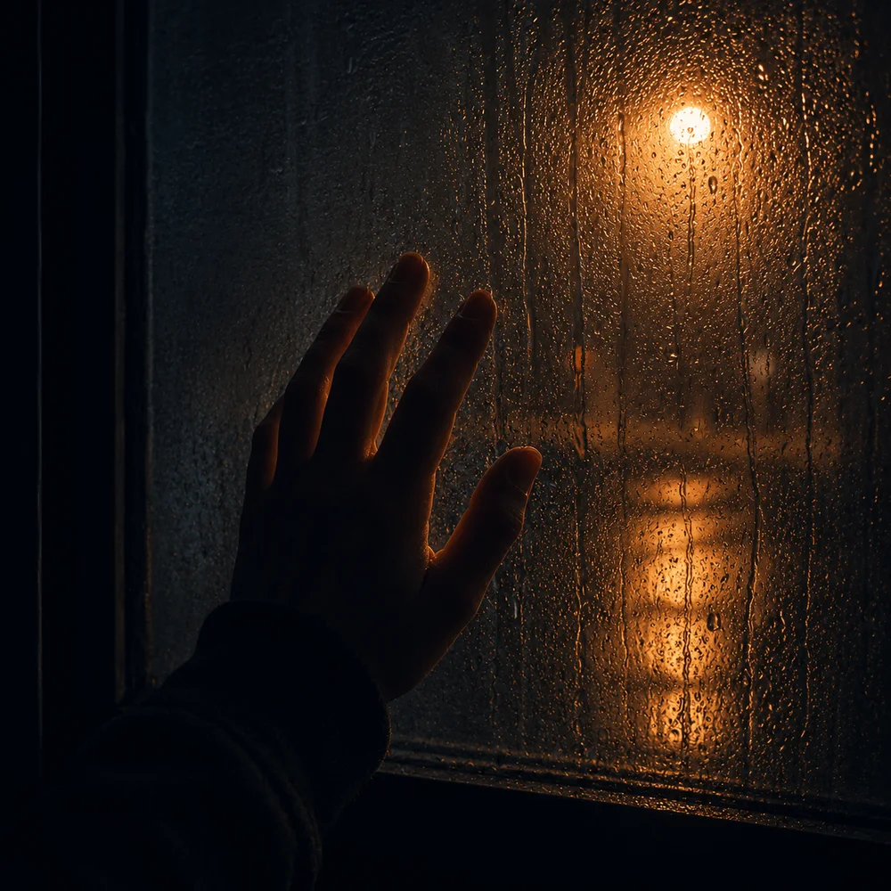 Artwork for Everything I Know of Rain — a single warm light in a cold dark field.
