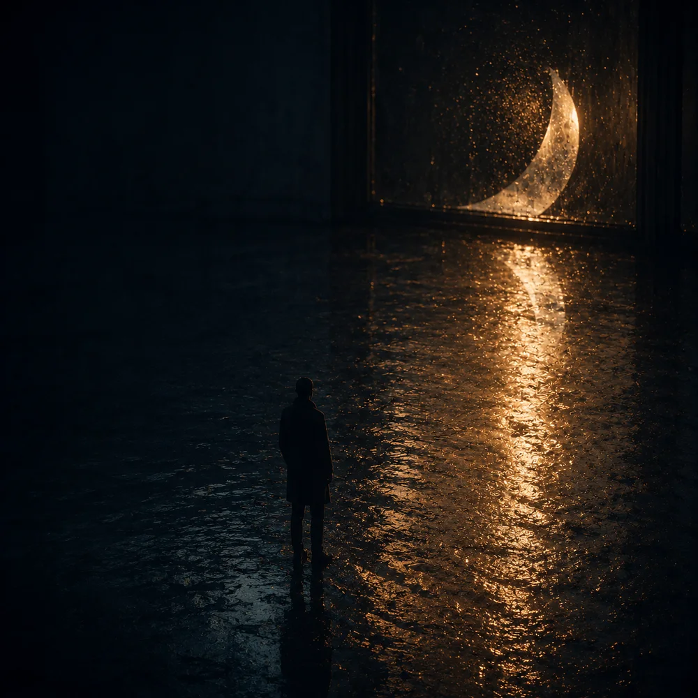 Artwork for Borrowed Light — a single warm light in a cold dark field.