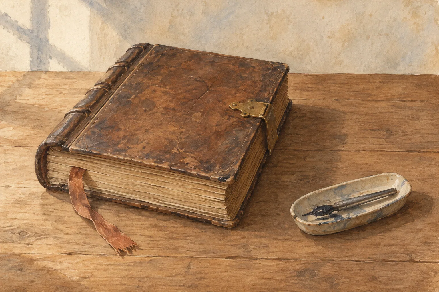 A closed leather-bound register with a brass clasp and a ribbon marker lies on a wooden table, a dip pen resting beside it.