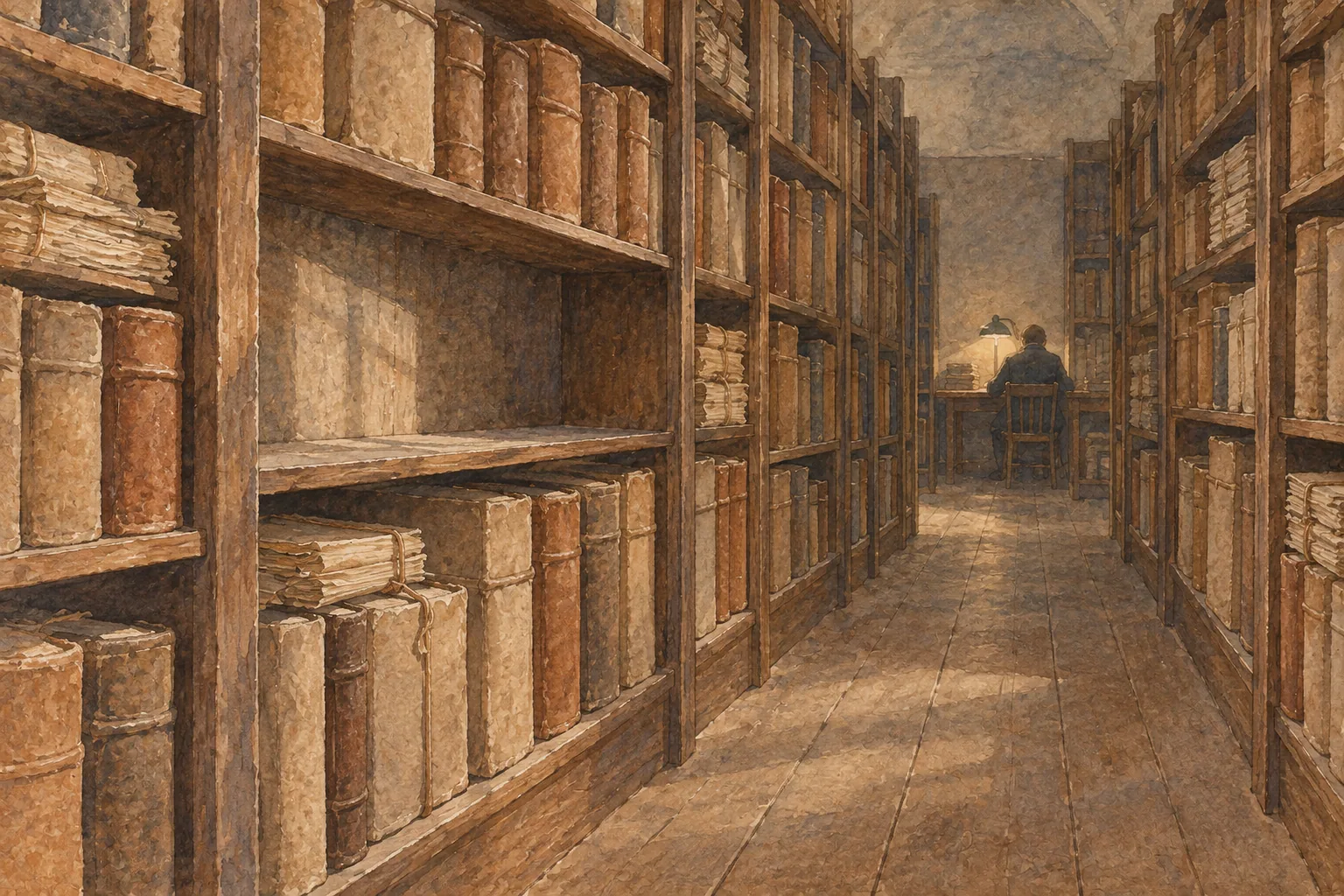 A long aisle of archive shelves full of blank-spined volumes, one shelf with an empty gap, and a distant reader at a lamp-lit table.