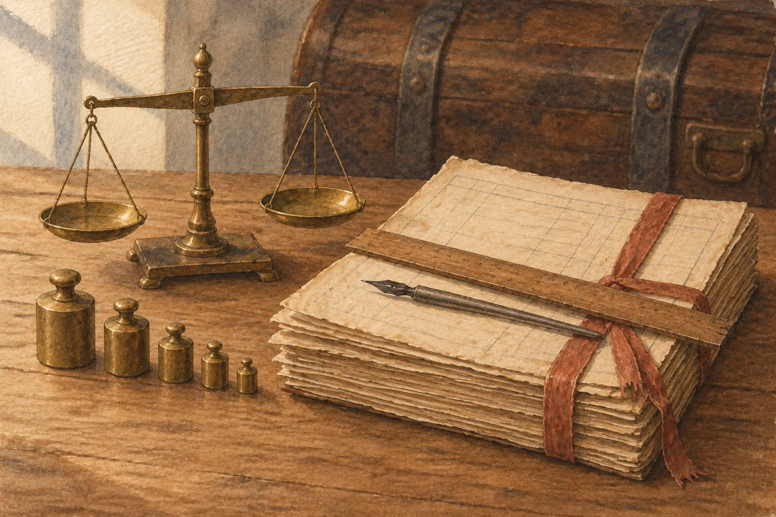 A brass balance and a row of weights beside a stack of blank ruled sheets tied with red tape, a ruler and pen laid across them.