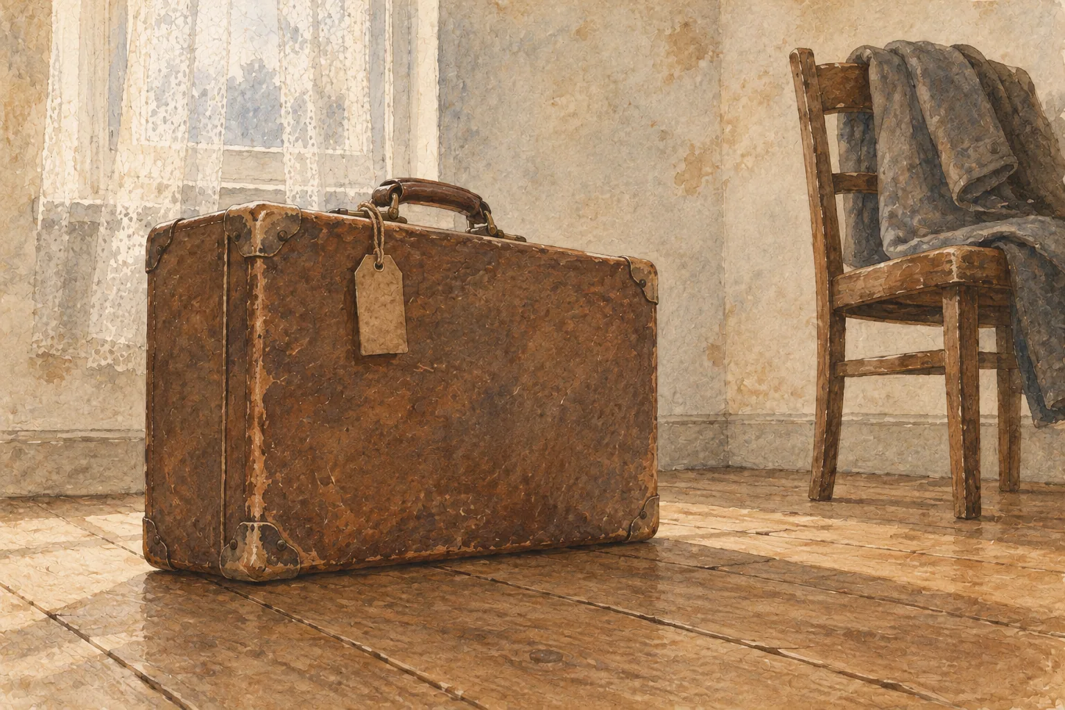 A scuffed suitcase with a blank luggage tag stands on floorboards in a bare room, a coat on a chair by a net-curtained window.