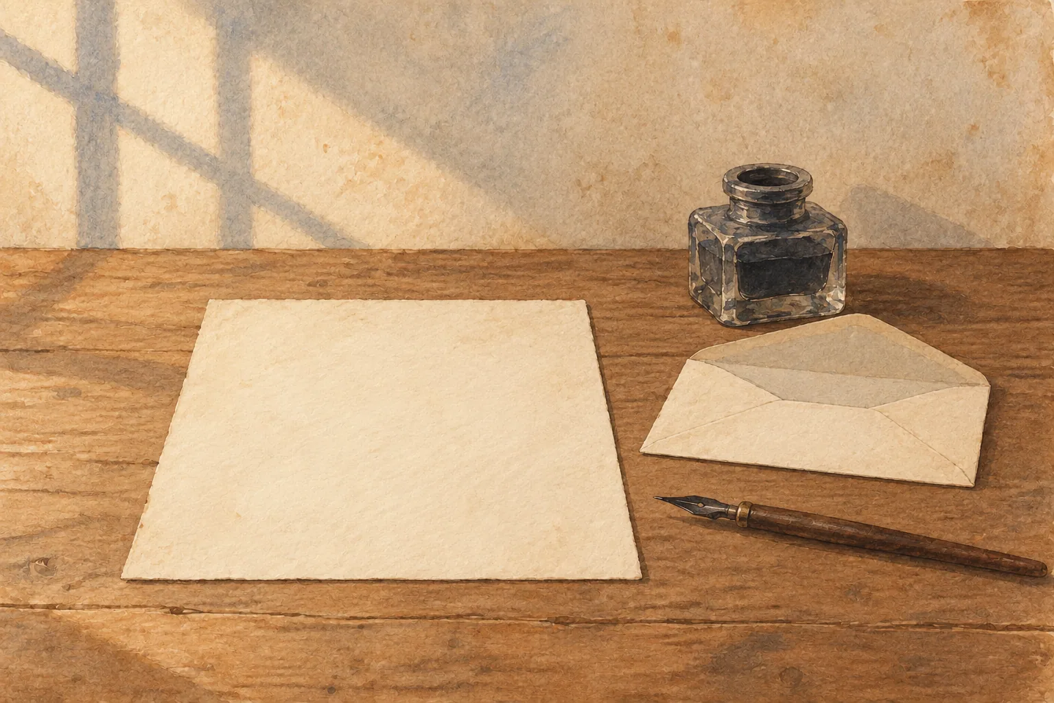 A small desk holding one blank sheet of paper, an open empty envelope, a dry glass inkwell and an unused pen, in fading light.