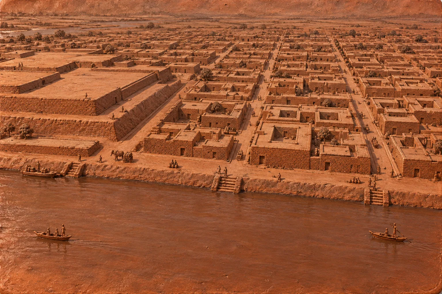 A terracotta relief of a low, grid-planned brick city seen from above, broad flat platforms and flat-roofed houses in straight streets beside a wide, still river.