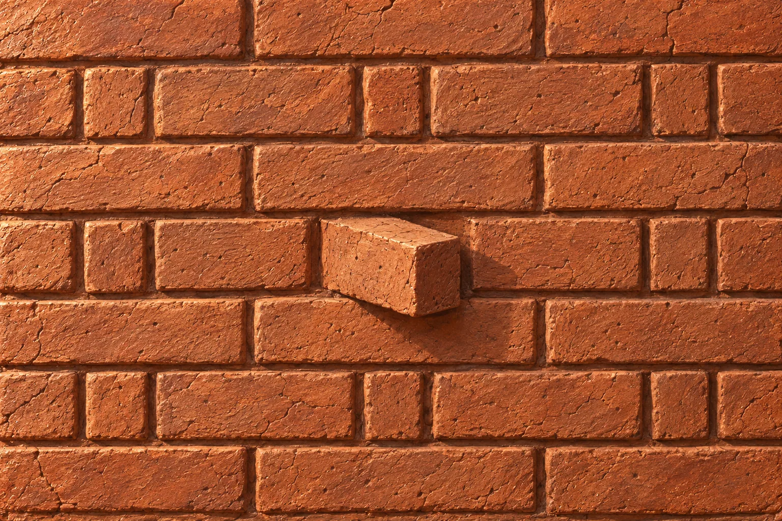 A terracotta relief of a brick wall in even courses, with one brick pulled half out towards the viewer.