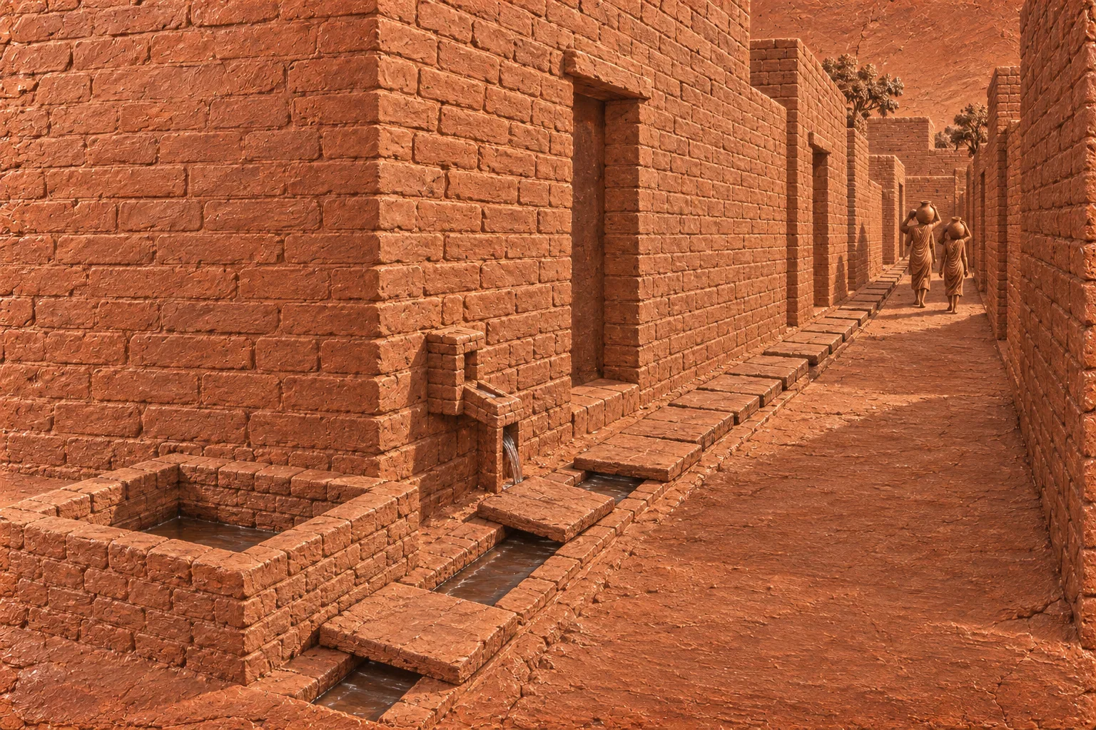 A terracotta relief of a narrow brick lane with a covered drain, two covers lifted to show water, and two small figures far off.