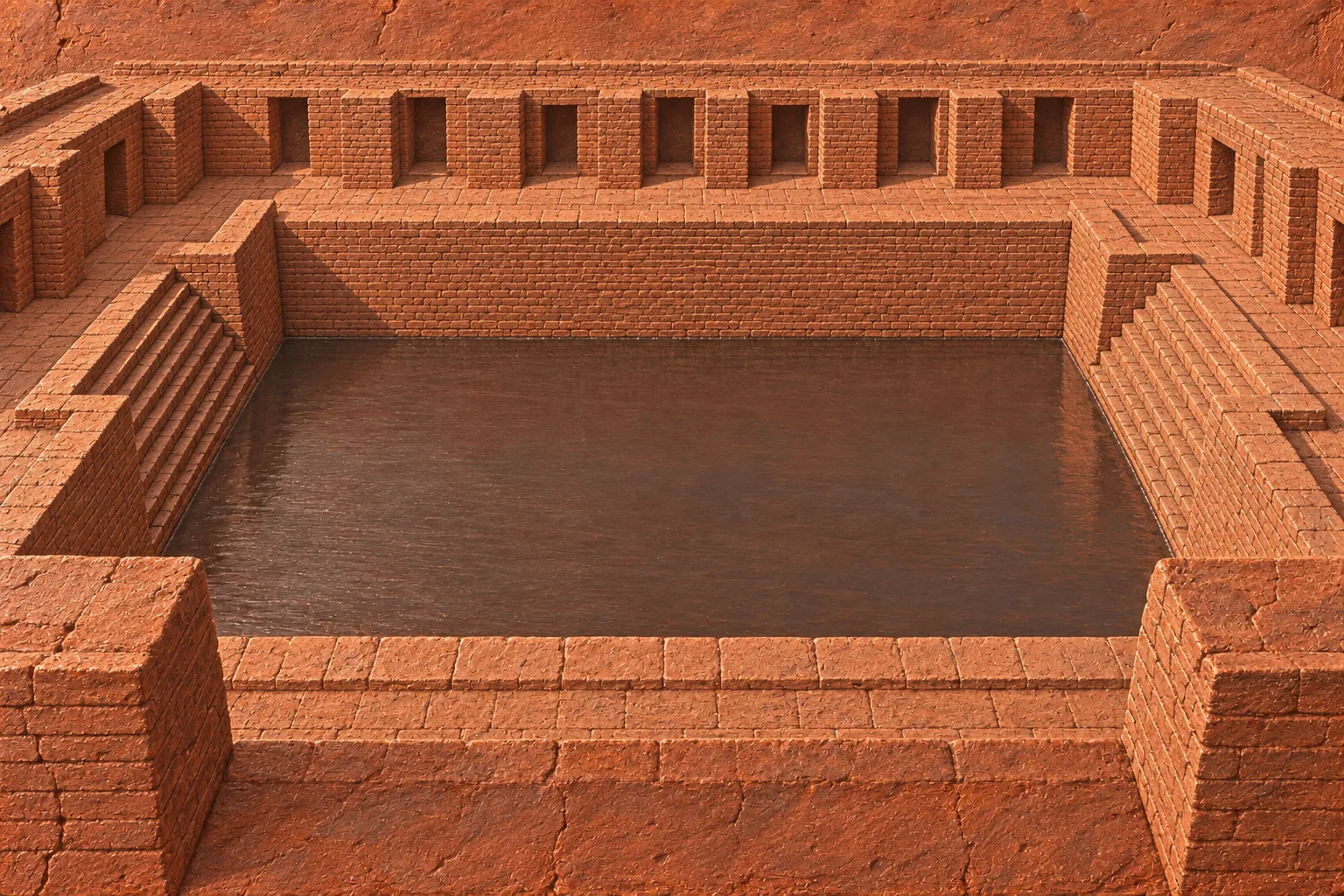 A terracotta relief looking down into a rectangular brick tank with steps at each end, still water, and brick piers around it.
