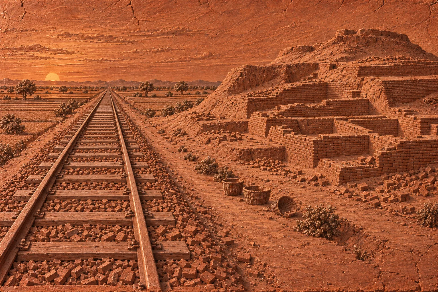 A terracotta relief of a straight railway track bedded in broken brick across a flat plain, beside a dug-out ancient mound at dusk.