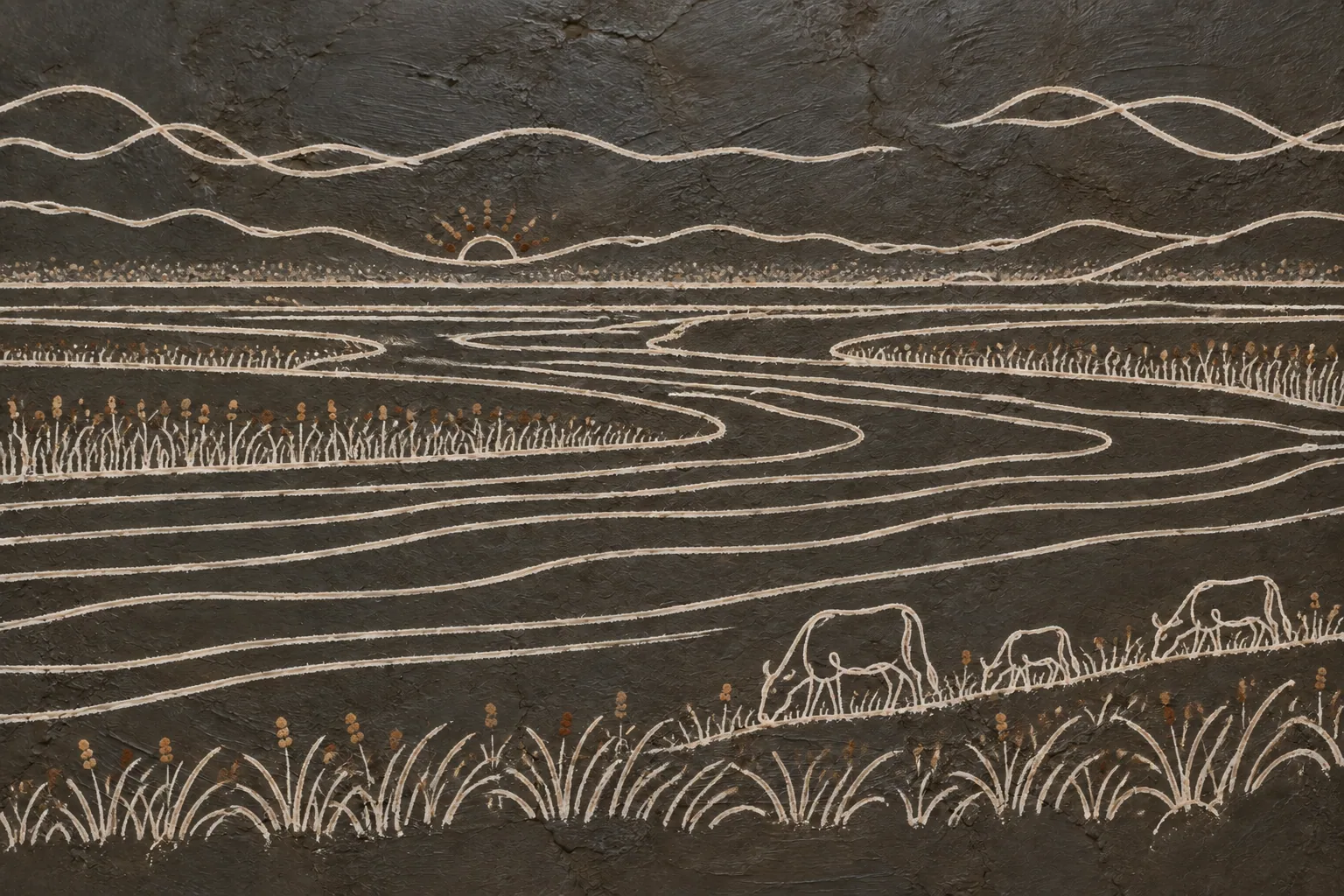 A white line drawing on dark clay of an empty river plain at dawn, with reeds, distant hills and a few small grazing cattle.