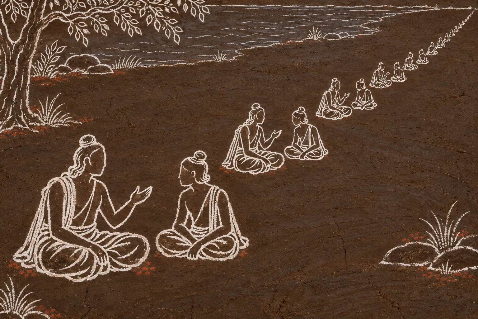 White outline figures seated in pairs, elder facing younger, receding in a long diminishing chain across dark clay.