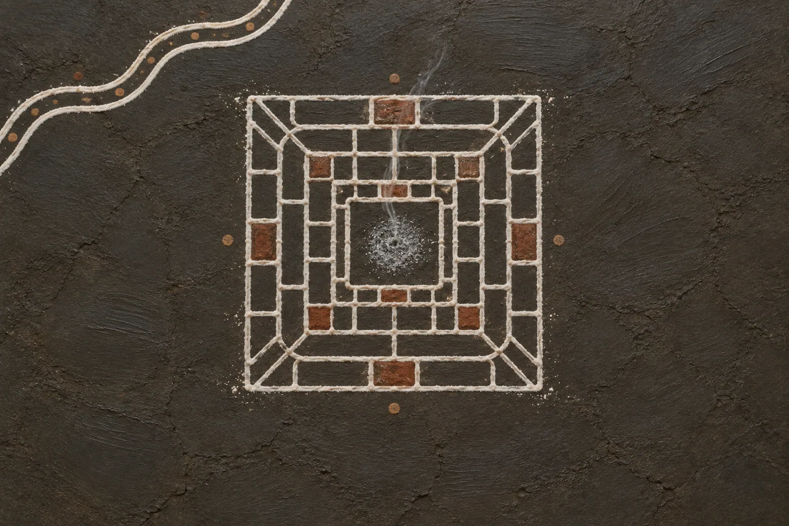 A top-down white line drawing of an empty square brick fire altar with cold ash, on dark clay beside a single river line.