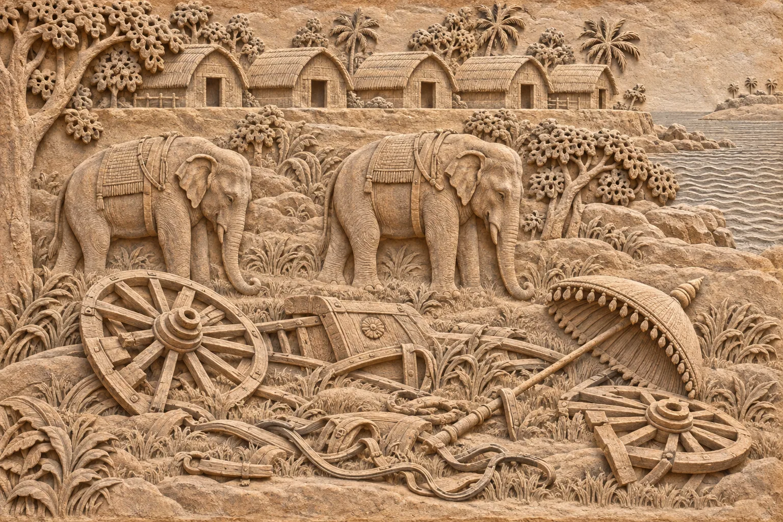 A sandstone relief of an empty field with broken chariot wheels, a fallen parasol and two still elephants below a row of empty village houses.