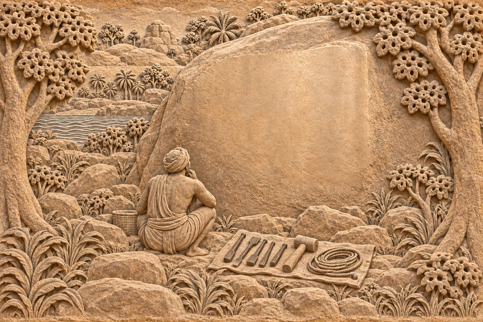A sandstone relief of a large boulder with a smooth blank face, a mason seen from behind crouching beside his chisels and mallet.