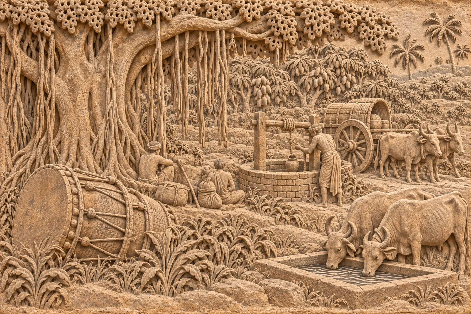 A sandstone relief of a banyan tree shading a war drum on its side, with travellers resting and drawing water at a well beside a road.