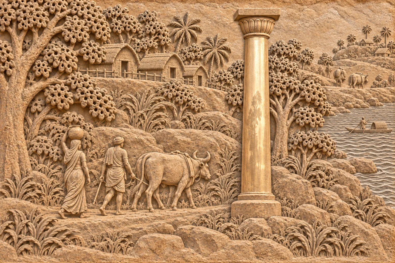 A sandstone relief of a tall polished pillar with a lotus capital beside a road, small travellers walking past below it.