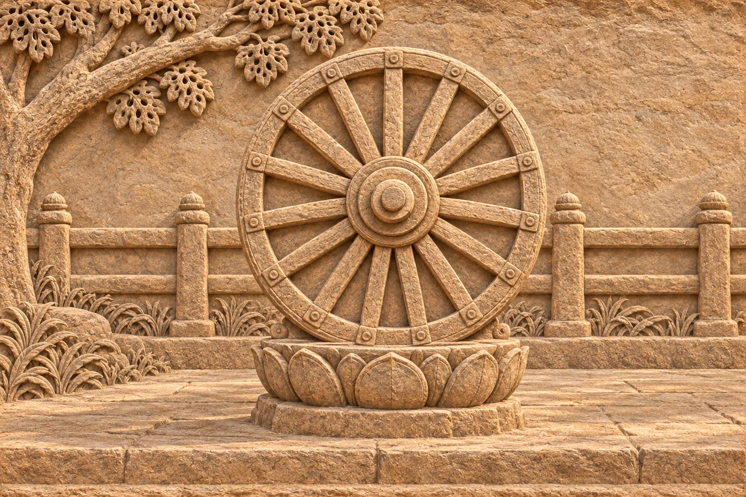 A sandstone relief of a large many-spoked wheel standing upright on a lotus plinth in an empty courtyard, a stone railing behind.
