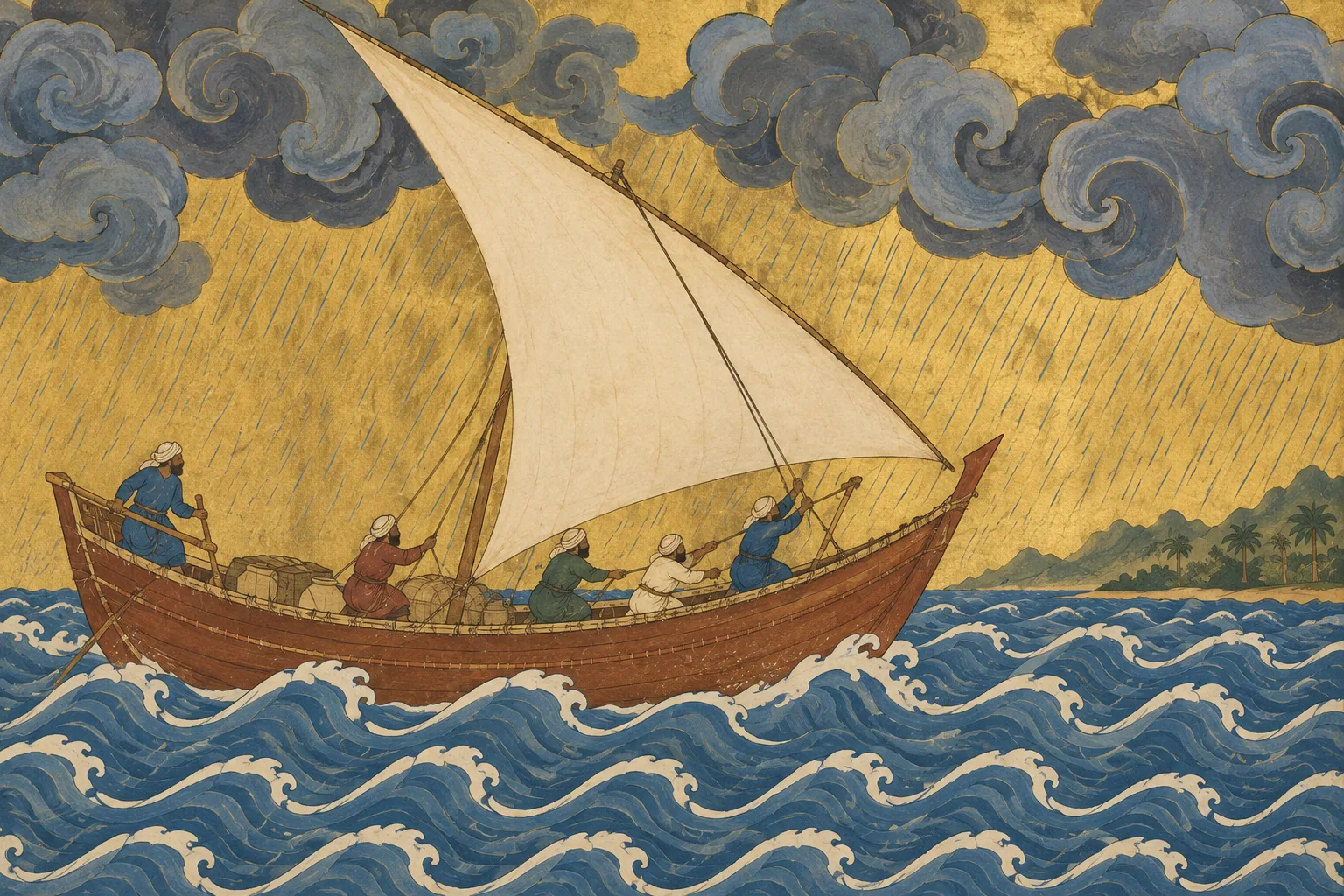 A dhow with a full triangular sail crosses rows of patterned waves under swirling rain clouds and a gold sky.