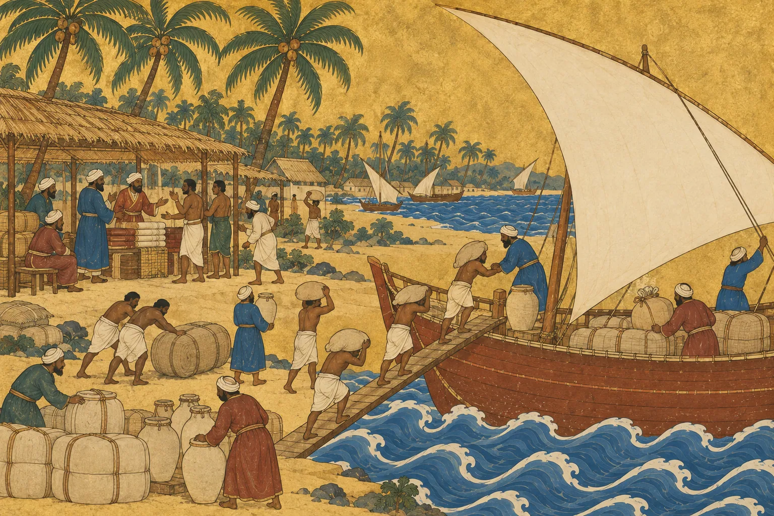Porters carry sacks and bales up a plank to a beached dhow on a palm-lined shore while merchants bargain under a thatched awning.