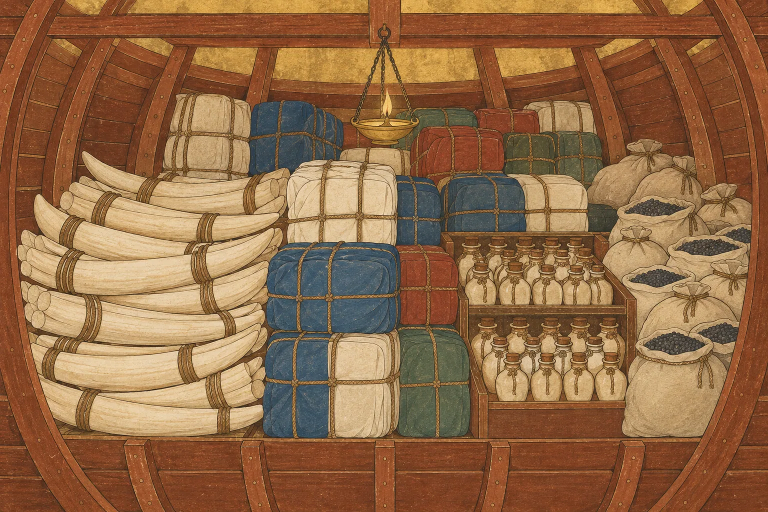 A cut-away ship's hold packed with ivory tusks, bales of cloth, small jars and sacks, lit by one hanging lamp.