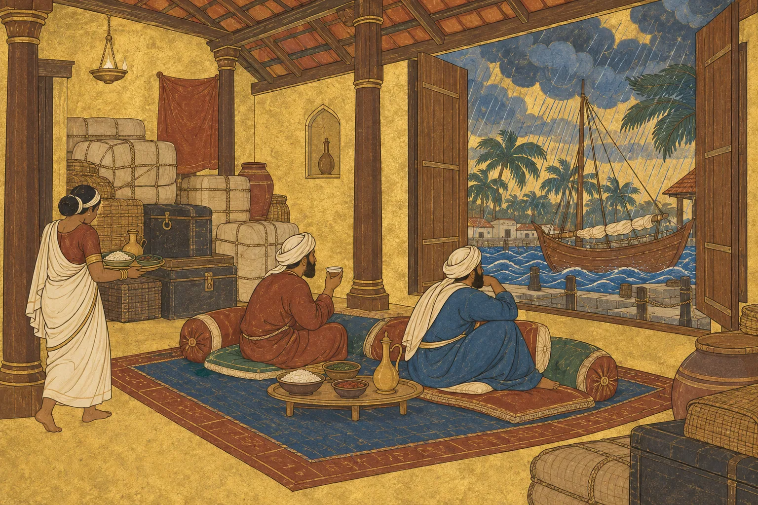 Two merchants sit on a carpet in a timber upper room stacked with bales, while rain falls outside on palms and a moored dhow.