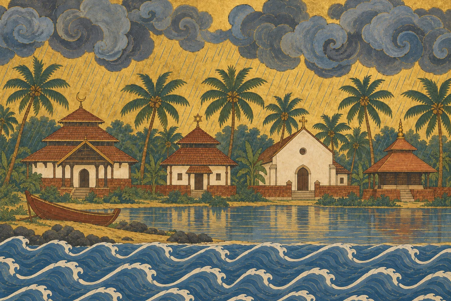 A mosque, a synagogue, a church and a temple, all with steep tiled roofs, stand among palms on a rainy coast beside a beached boat.