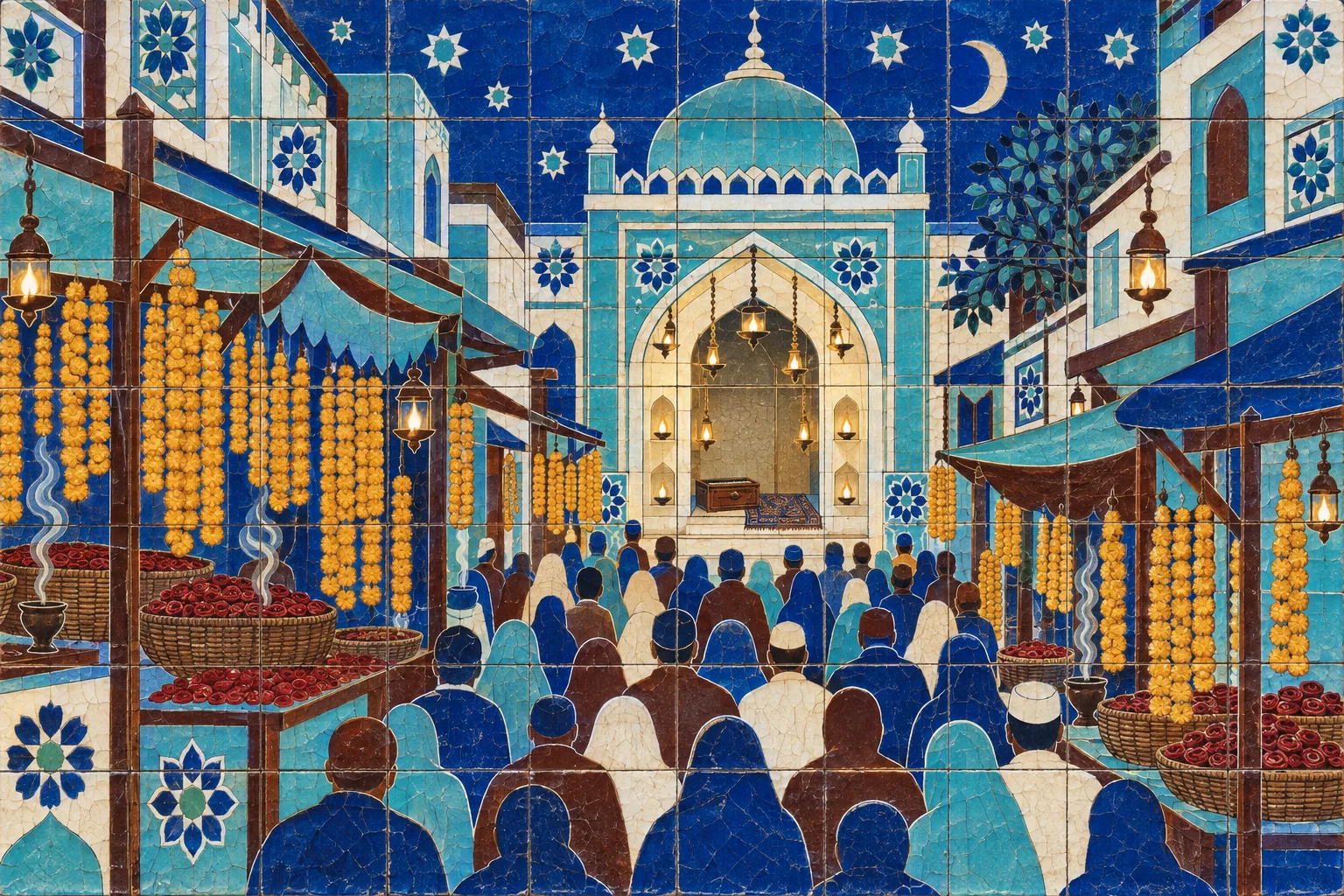 A glazed-tile night scene of a crowded lane hung with marigolds, leading to a lamplit doorway with a harmonium on its threshold.