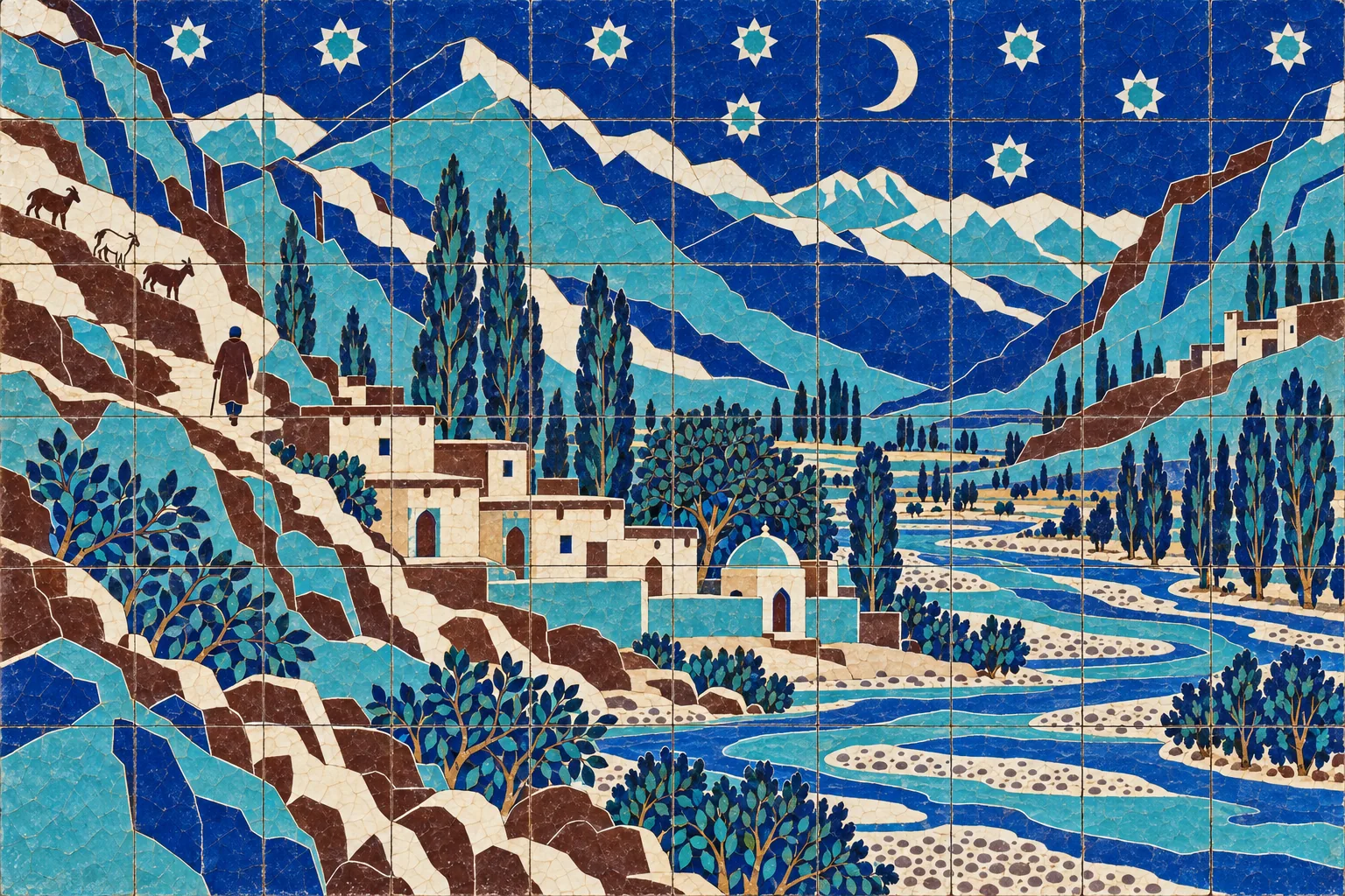 A cobalt and turquoise tile landscape of a few mud-brick houses beside a river in a mountain valley, with one small walking figure.