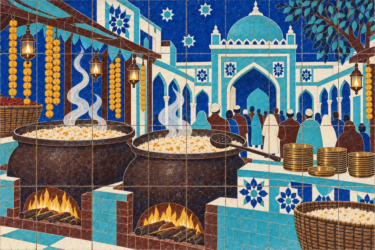Two huge steaming cauldrons in a shrine courtyard, rendered in glazed tiles, with a queue of small figures seen from behind.