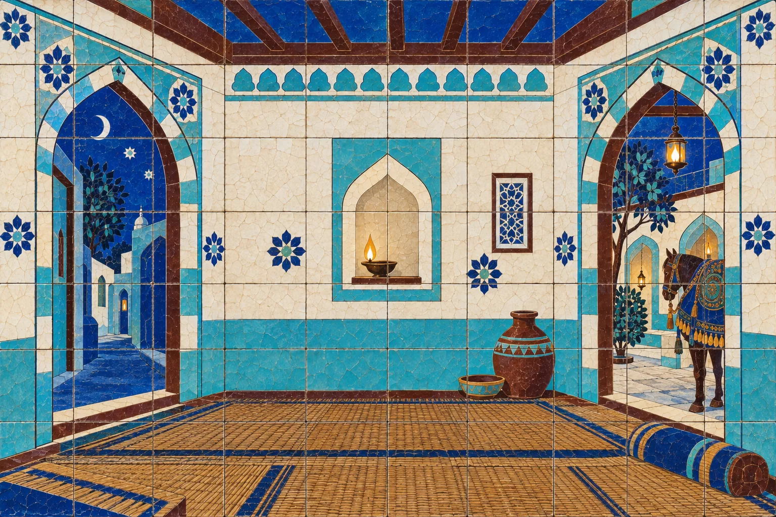 A plain tiled room with two facing doorways, one onto a lamplit courtyard with a waiting horse, the other onto a dark lane.