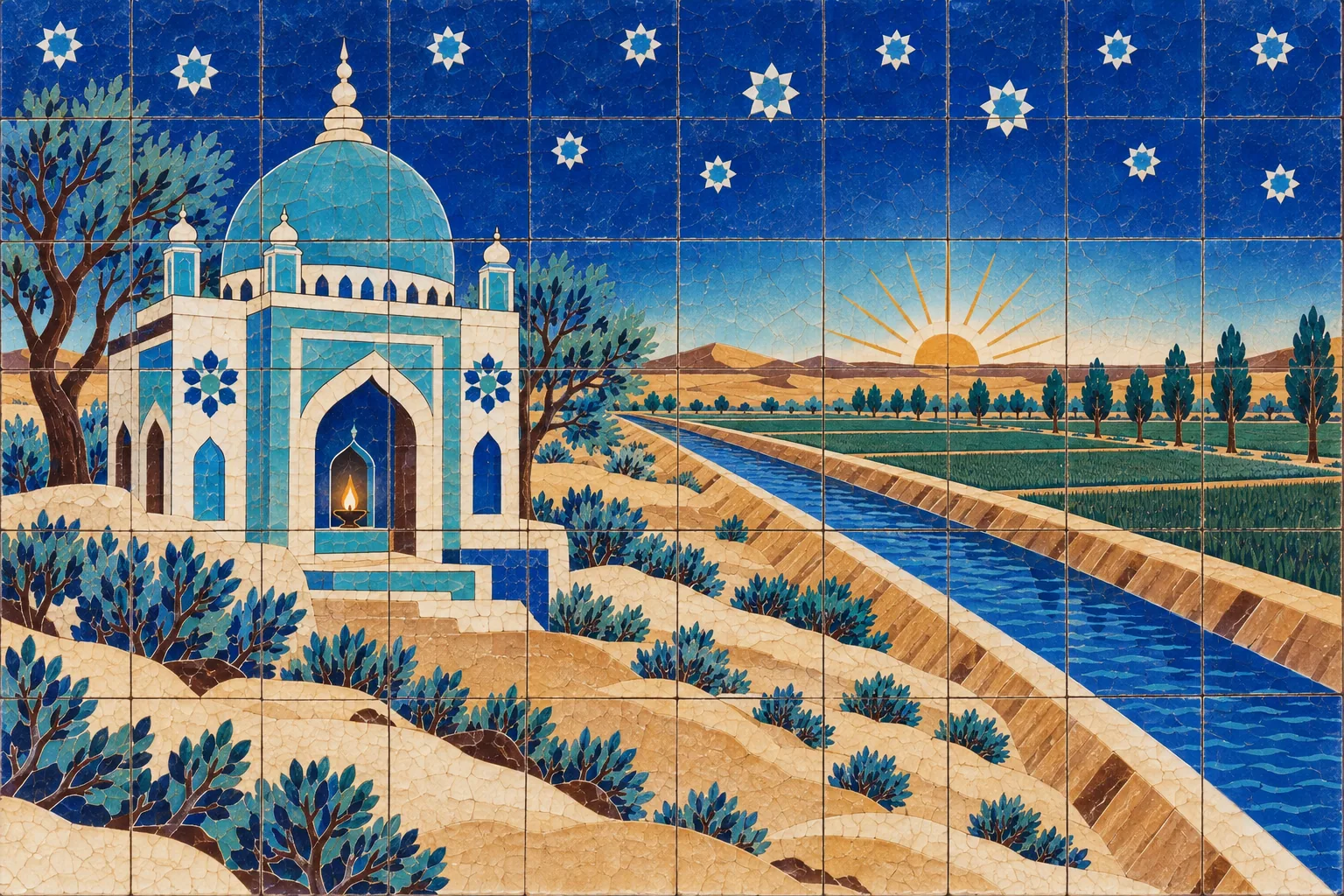 A small turquoise-domed shrine among desert dunes at dawn, beside a straight canal and new green fields.