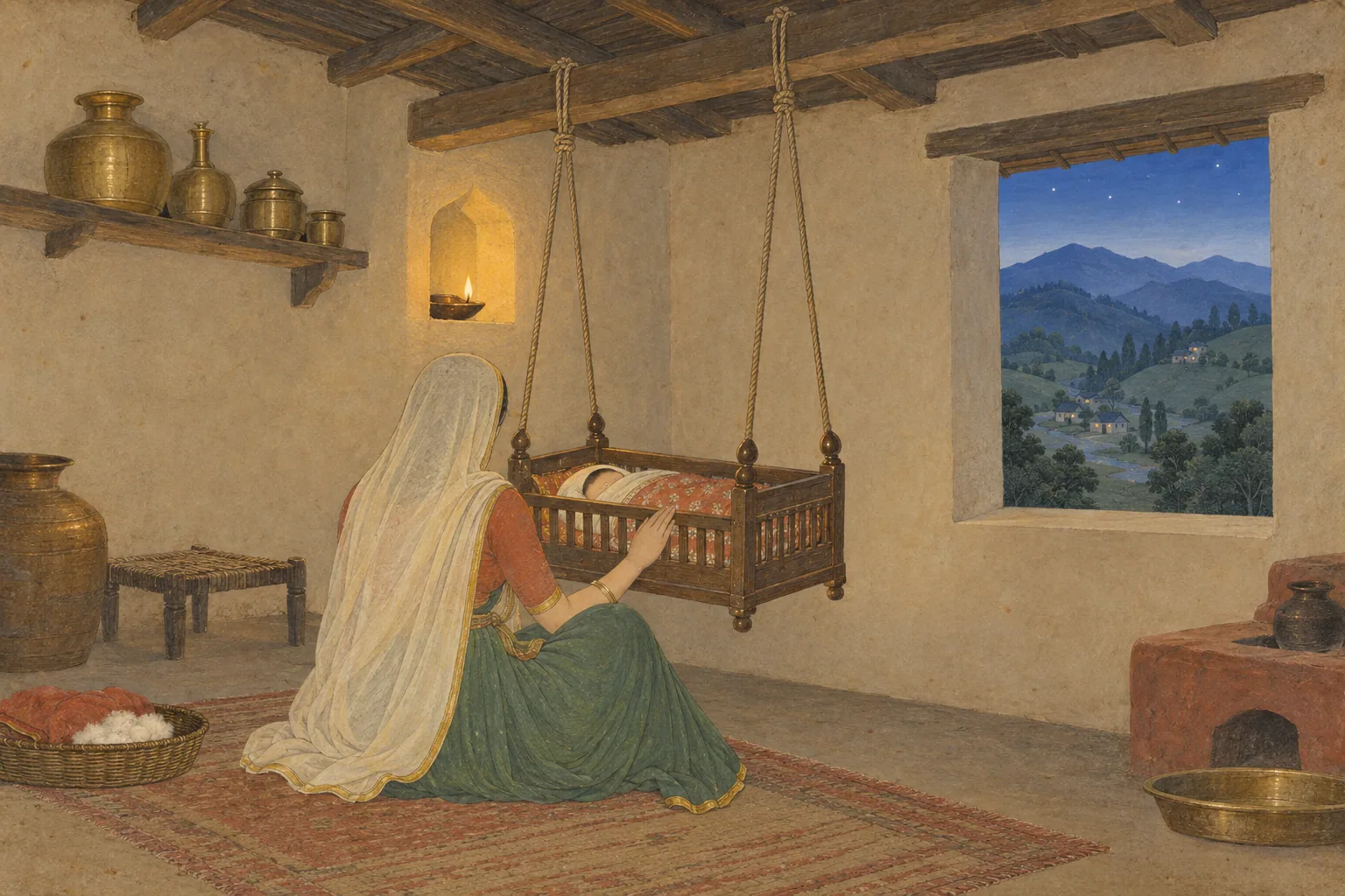 A miniature painting of a lamplit village room where a woman, seen from behind, rocks a hanging cradle beside a window onto hills.