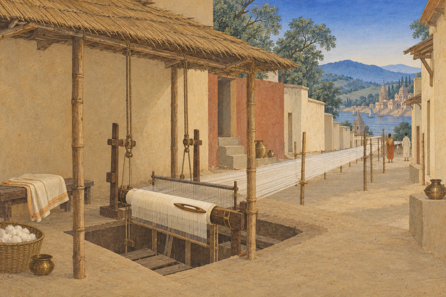 A miniature painting of an empty pit loom with half-woven white cloth and a shuttle, warp threads stretched down a lane behind.
