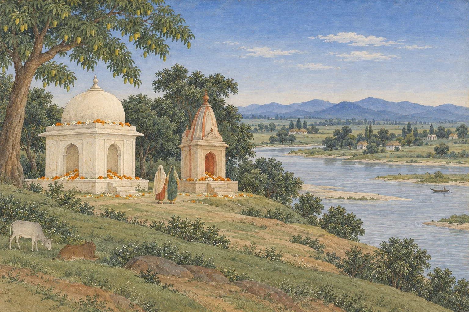 A miniature painting of a small domed tomb and a small spired shrine side by side on a riverbank, both scattered with flowers.