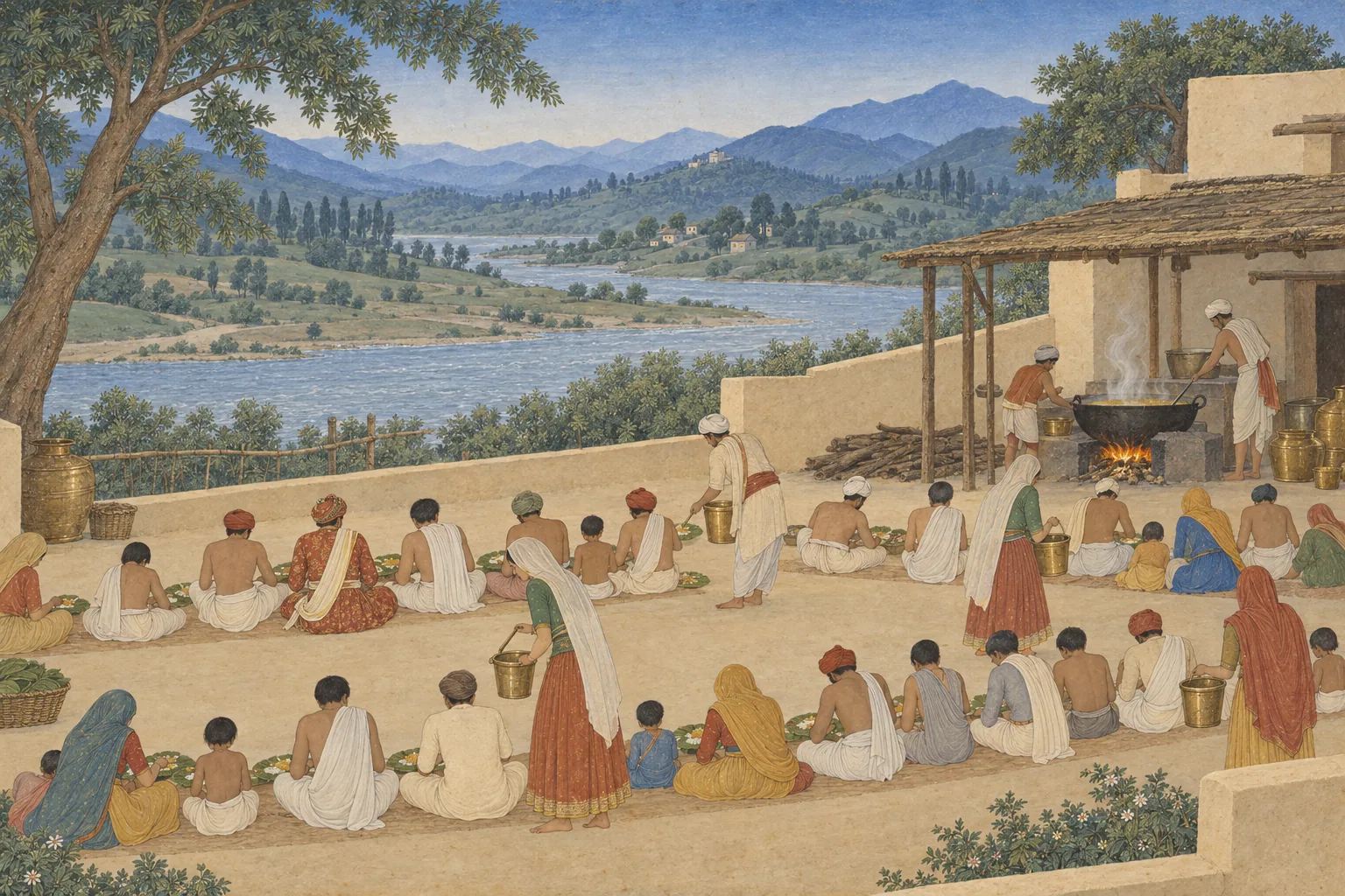 A miniature painting of rows of people of every rank sitting together on the ground to eat, served from brass buckets.