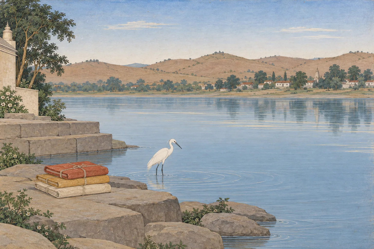 A miniature painting of a small stack of dry cloth-bound notebooks on a rock at the edge of a calm river, an egret nearby.
