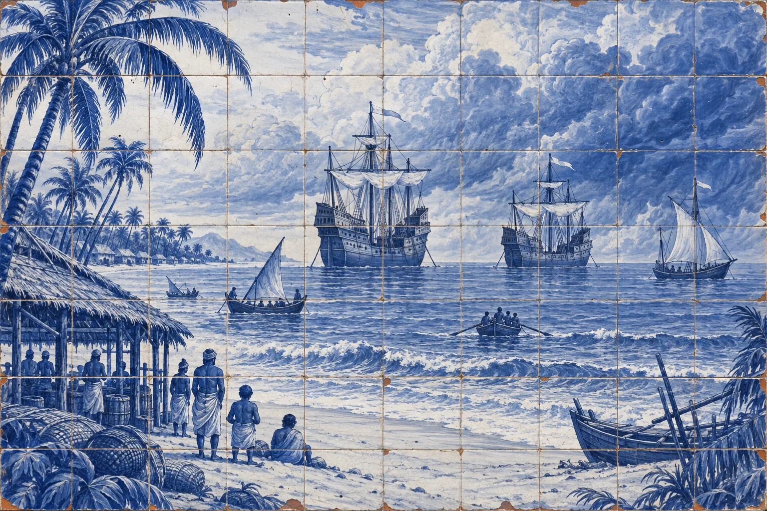 A blue-and-white tile panel of three tall sailing ships anchored off a palm-lined beach, with small boats rowing out.