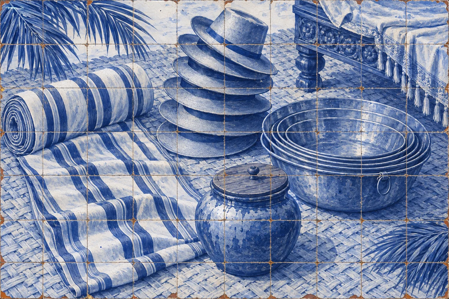 A blue-and-white tile still life of striped cloth, stacked hats, nested washbasins and a honey jar on a woven mat.