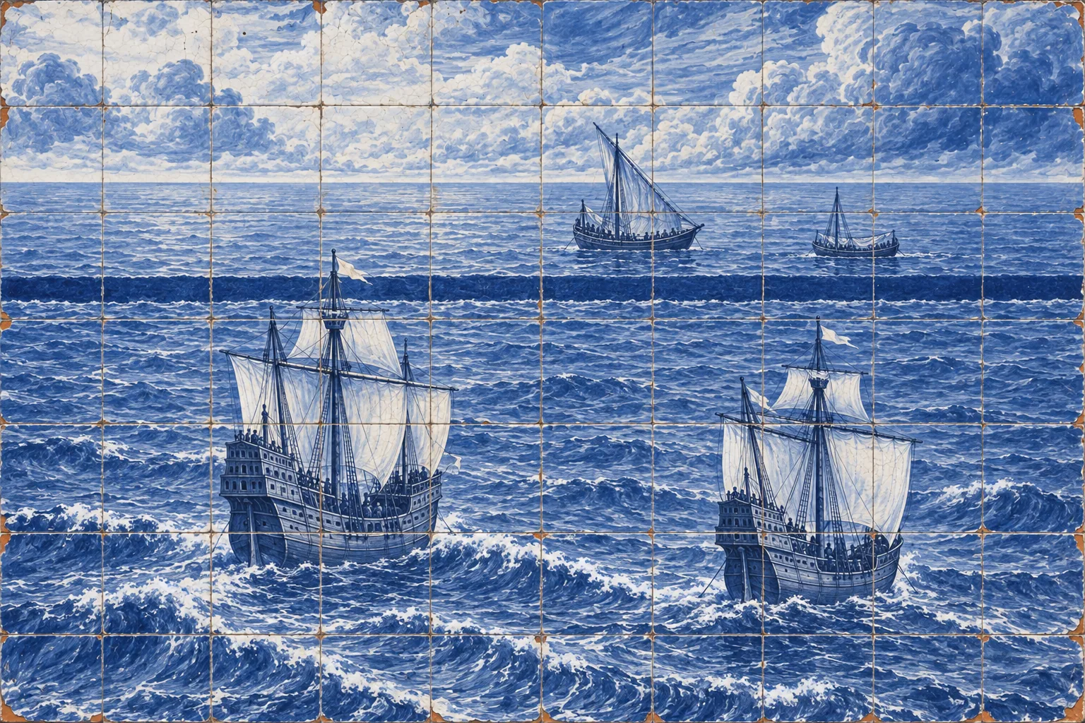 A blue-and-white tile seascape crossed by a straight dark line, warships on one side and trading boats waiting on the other.
