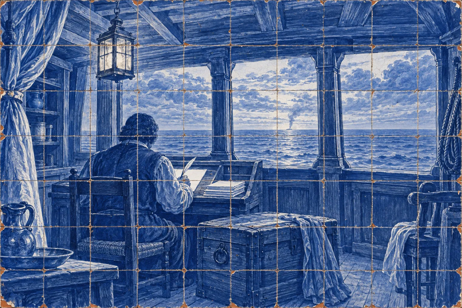A blue-and-white tile interior of a ship's cabin where a clerk writes, seen from behind, with distant smoke visible through the window.
