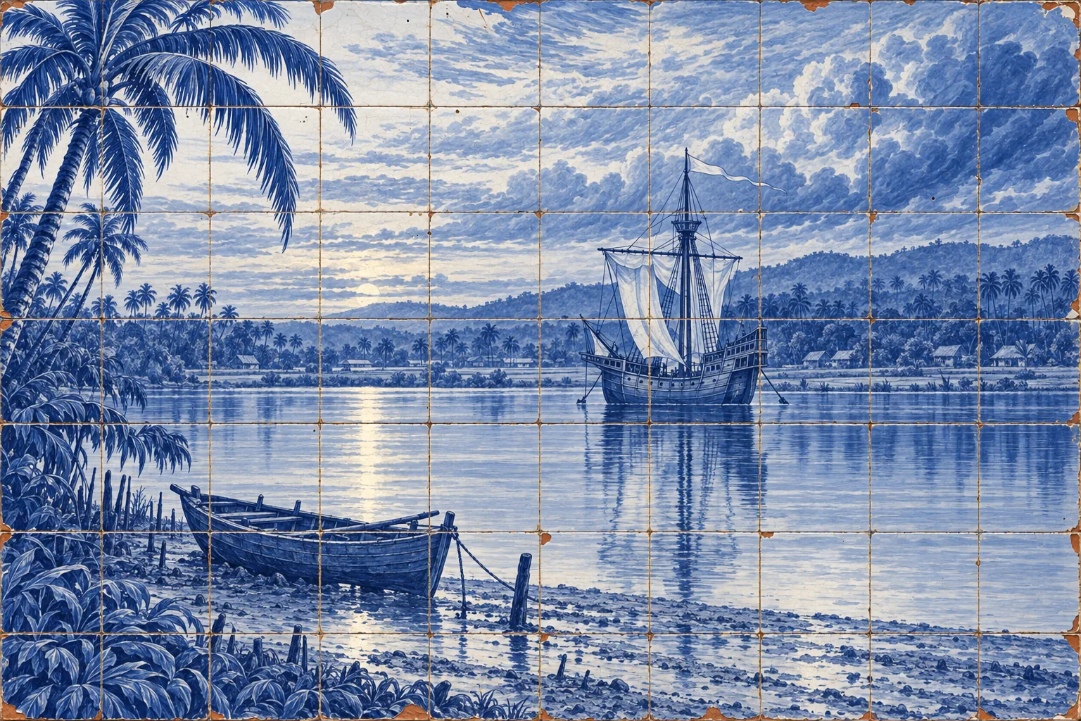 A blue-and-white tile view across a wide still river to low palm-covered hills, with one ship at anchor.