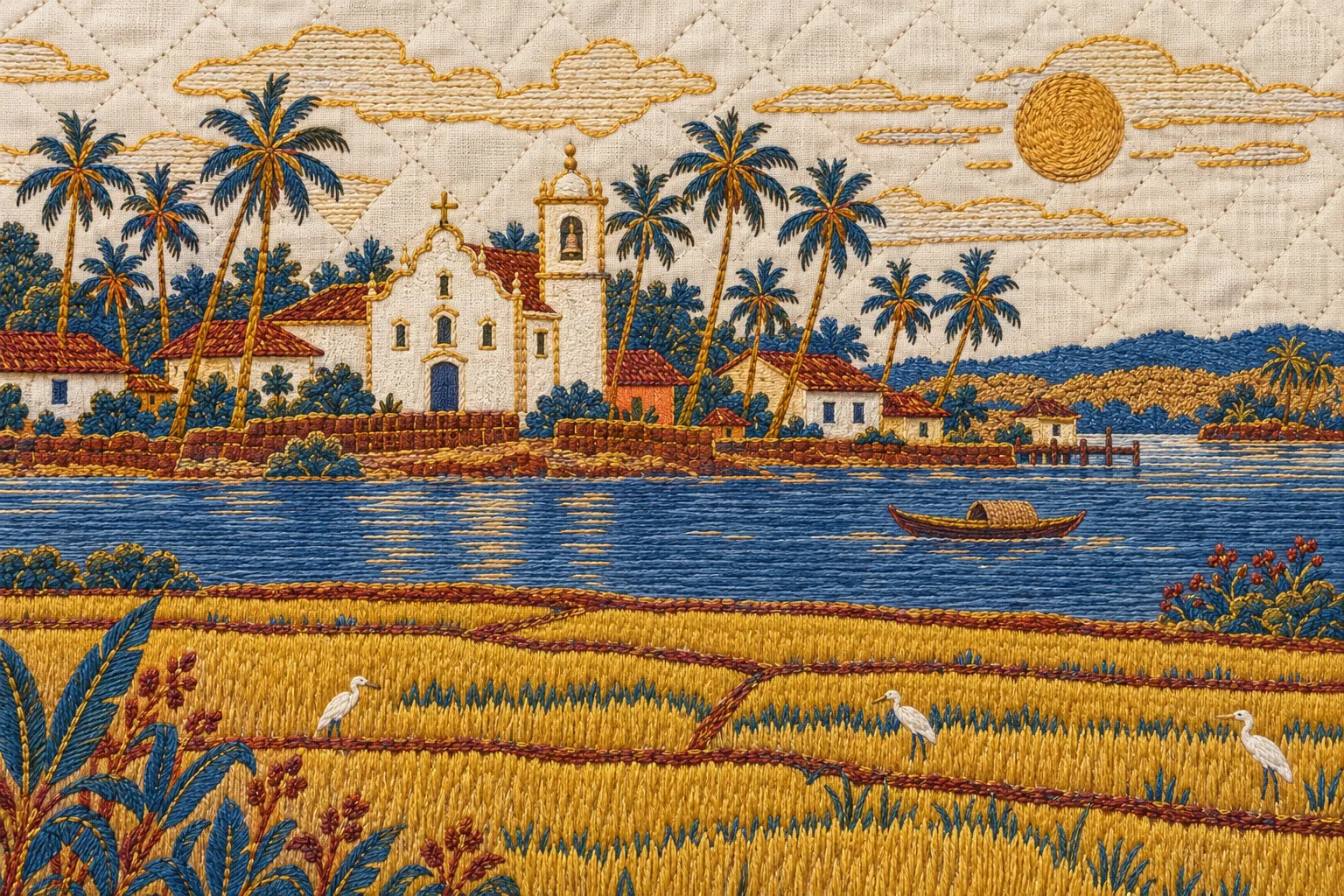 An embroidered scene of a whitewashed church with a bell tower among coconut palms, paddy fields and a river.
