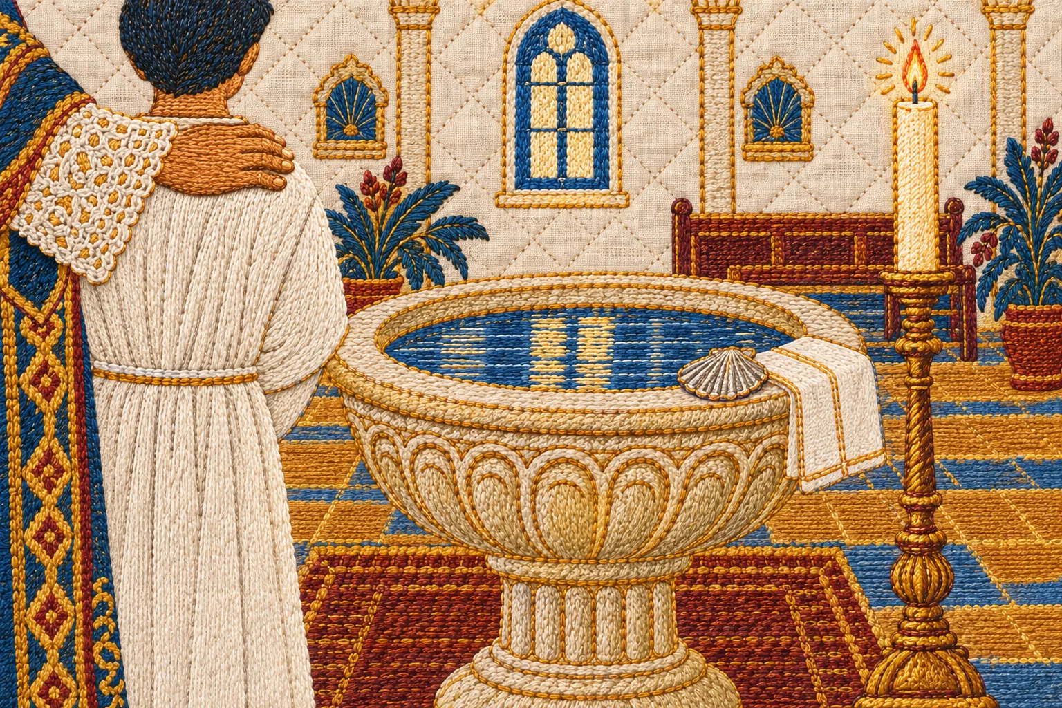 An embroidered stone font of still water beside a candle, with a lace-cuffed hand resting on another person's shoulder at the edge.