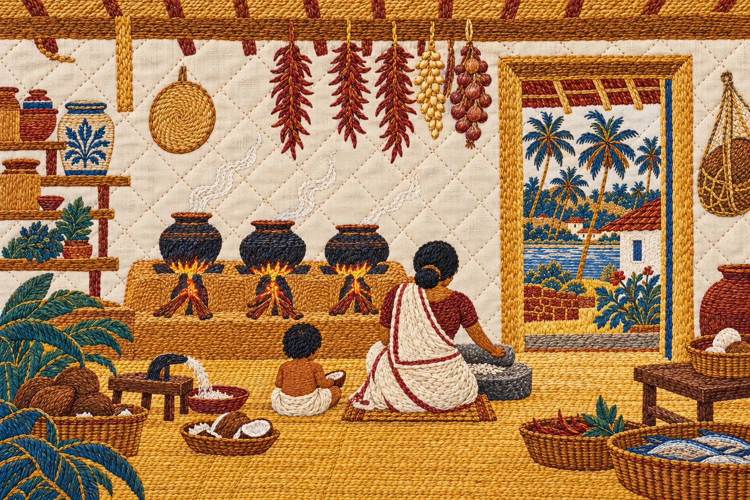 An embroidered village kitchen with clay pots and a grinding stone, a woman kneeling at it seen from behind, a child beside her.