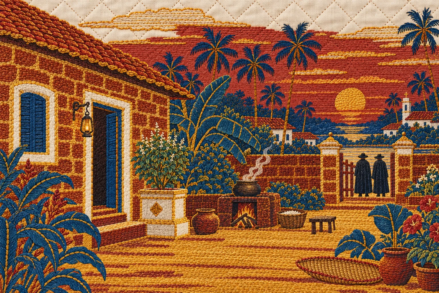 An embroidered courtyard at dusk with a tulsi planter and a steaming rice pot, two cloaked figures watching from the gate.