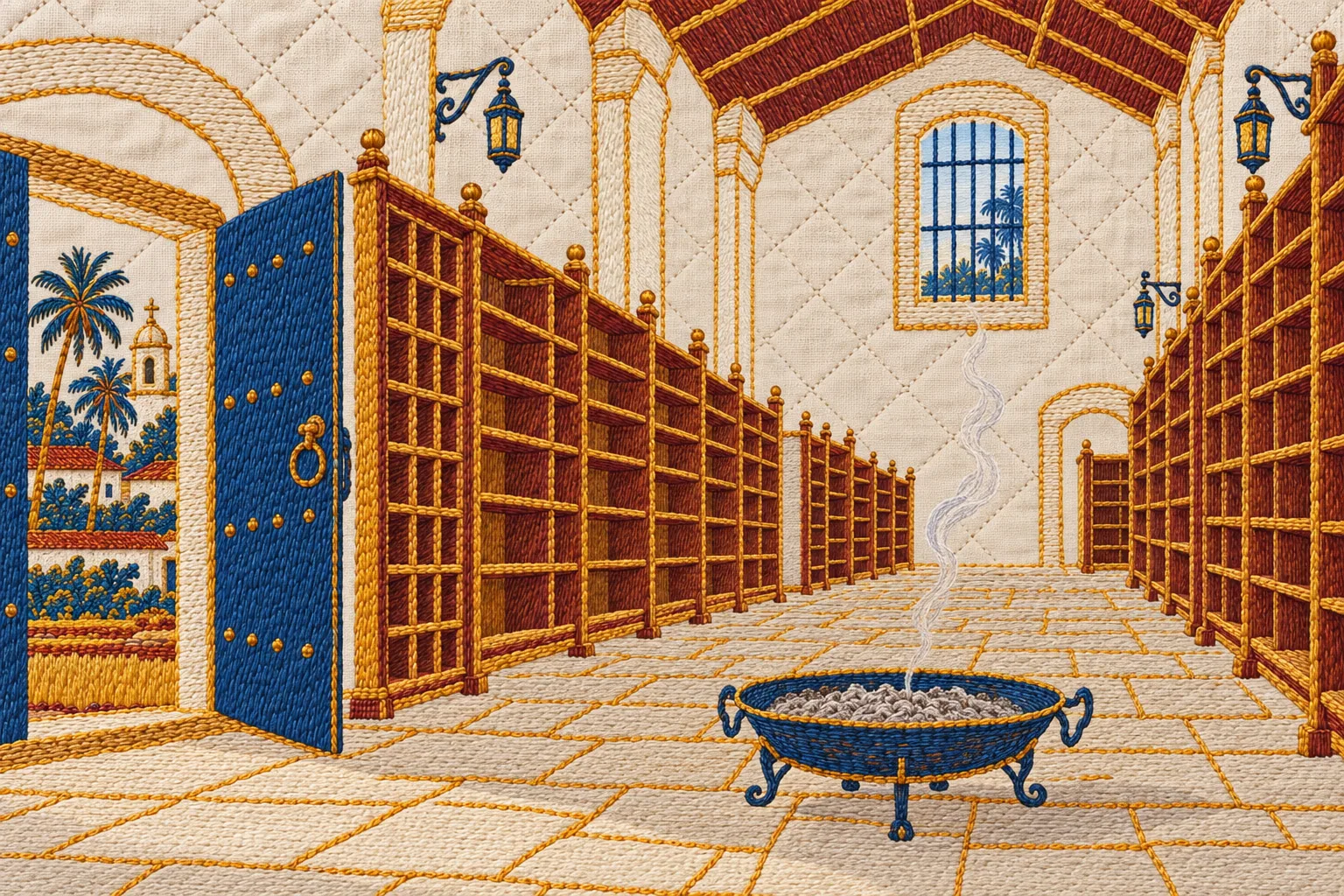 An embroidered empty archive room with bare shelves and an iron brazier of grey ash under a high window.