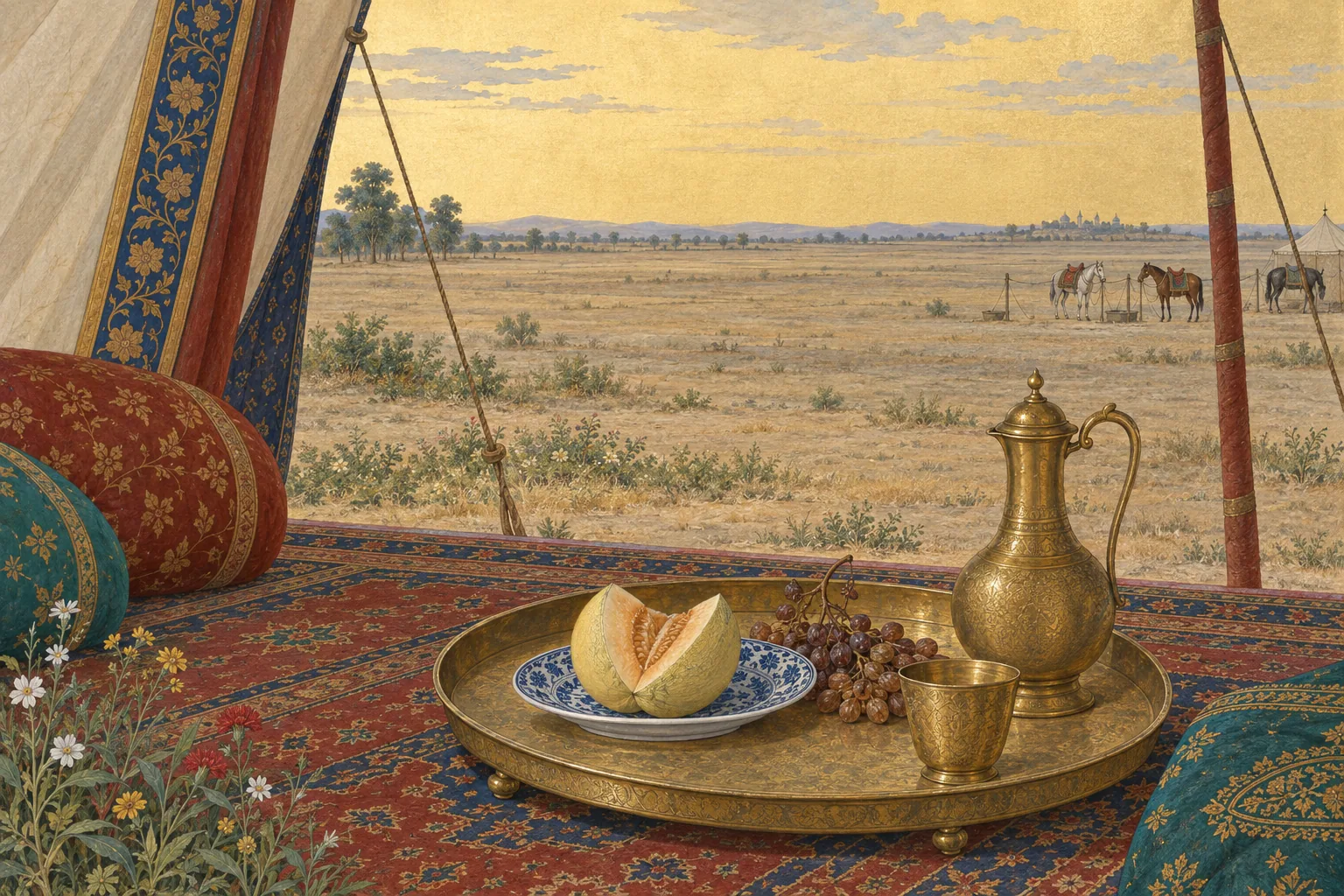 A Mughal-style painting of a tray with a split melon, grapes and a ewer at a tent opening onto a hot, dusty plain.