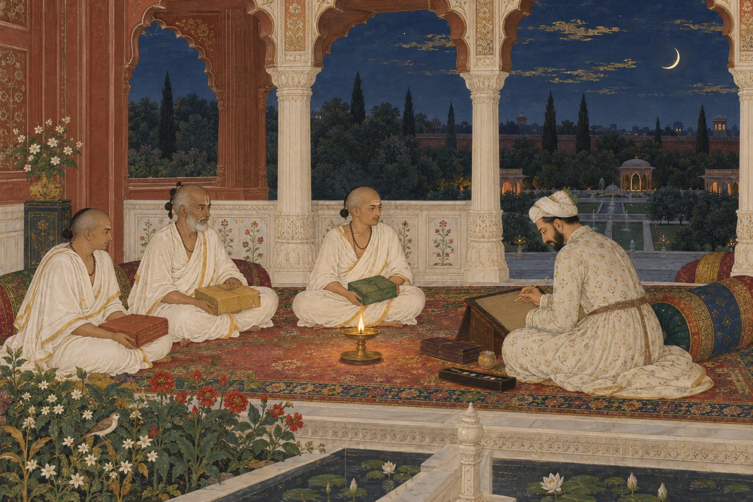 A Mughal-style night interior where three pandits with wrapped manuscripts and a Persian scribe sit around a lamp.