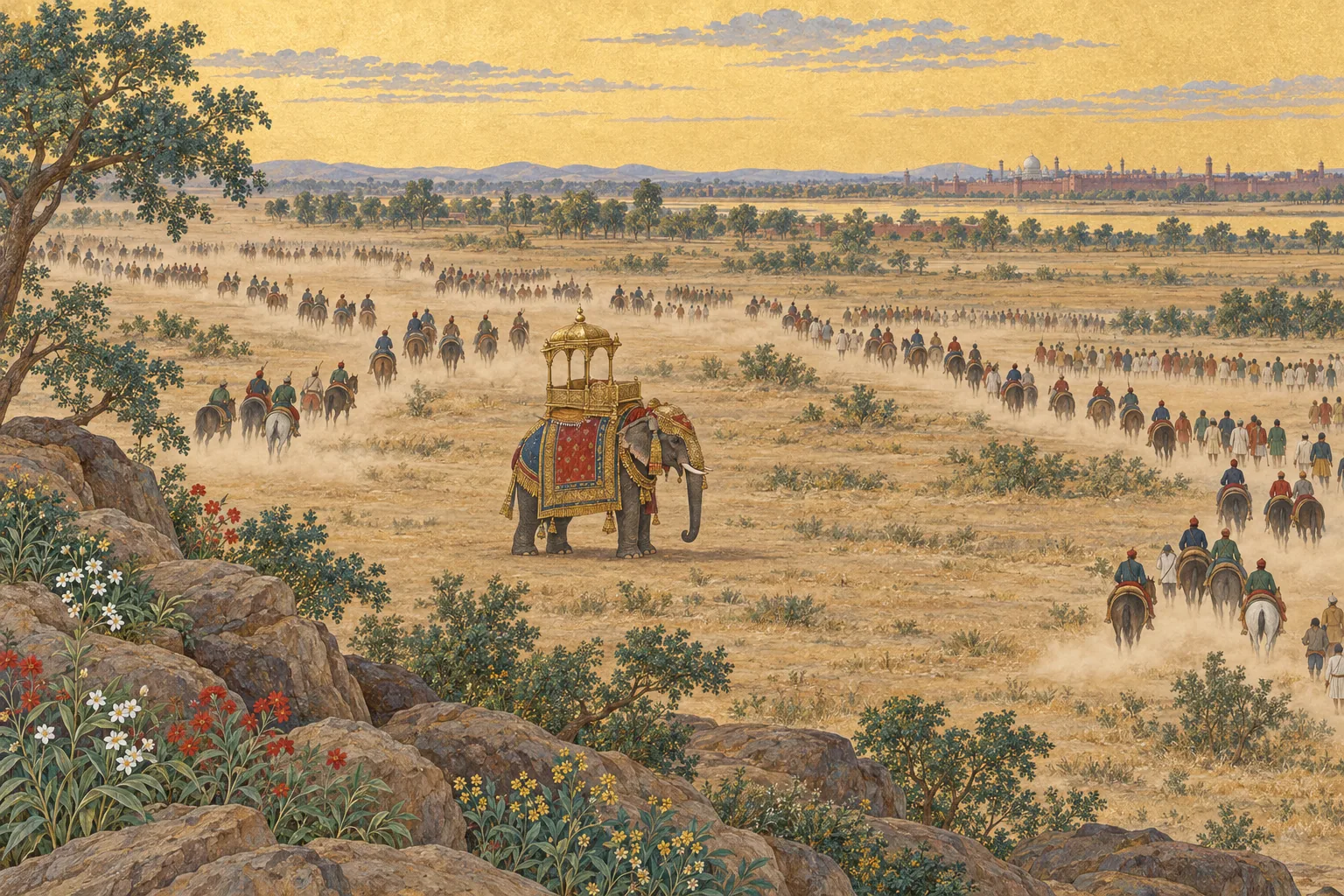 A Mughal-style battlefield where a richly dressed elephant carries an empty seat while distant armies stream away in the dust.