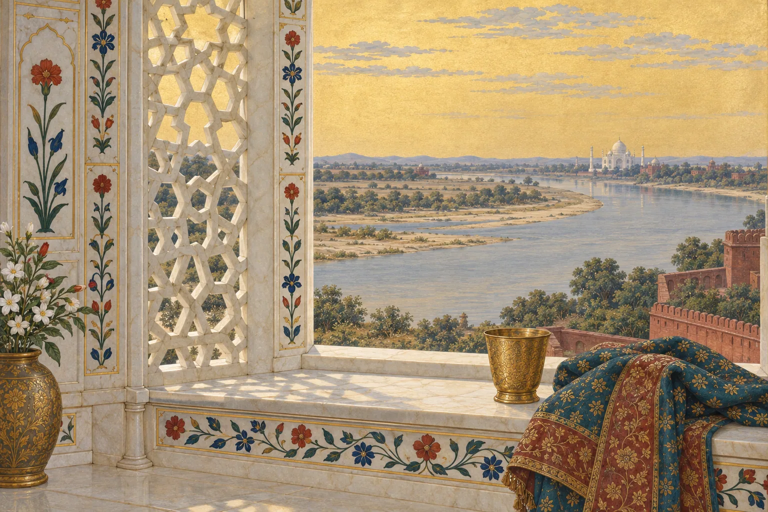 A Mughal-style view through a marble lattice window across a wide river to a small, distant white dome.