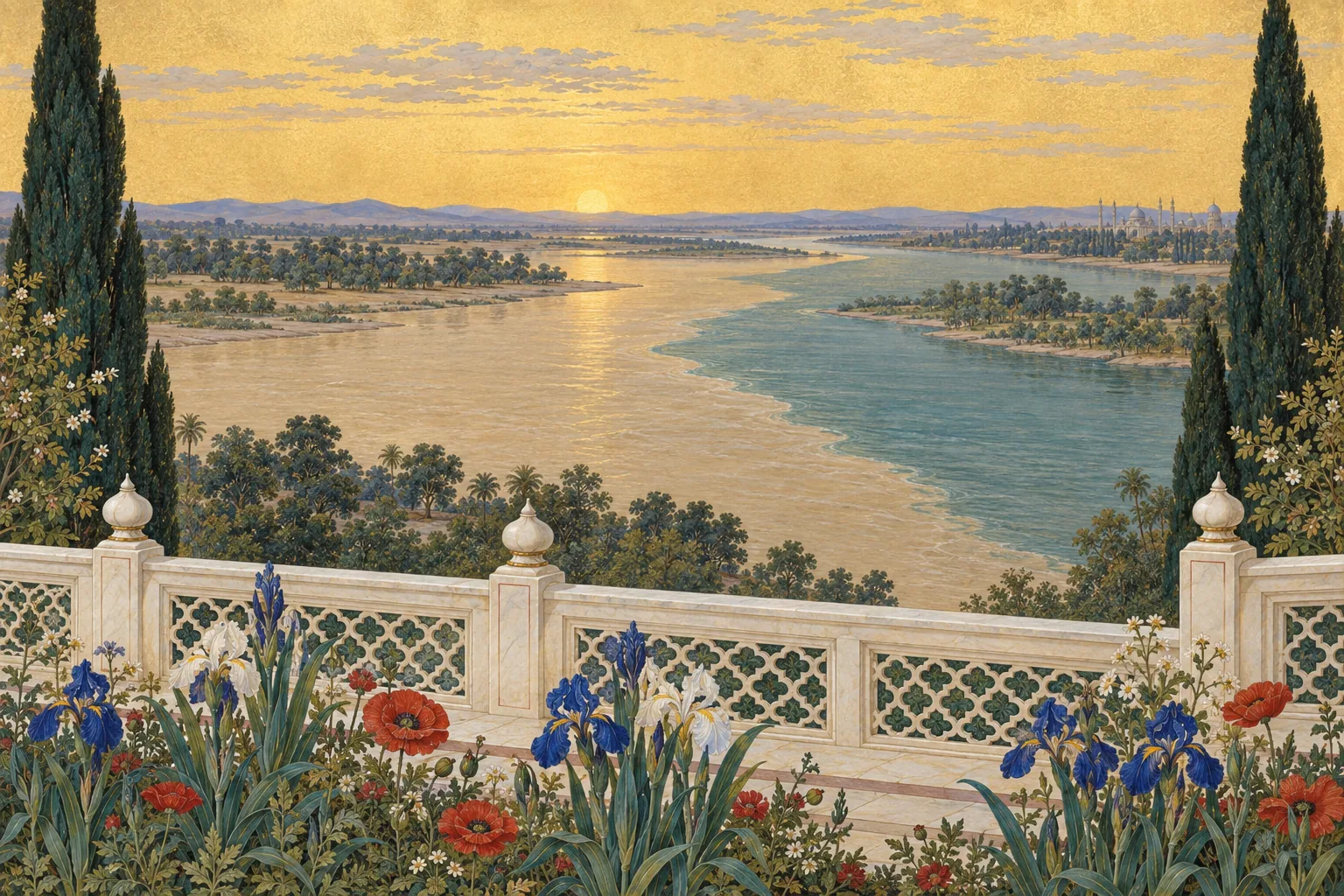 A Mughal-style view from a flowering garden terrace of two rivers of different colours flowing side by side without mixing.